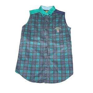 Vintage Limited Jeans Sleeveless Button Up Shirt Blue Green Tartan Plaid